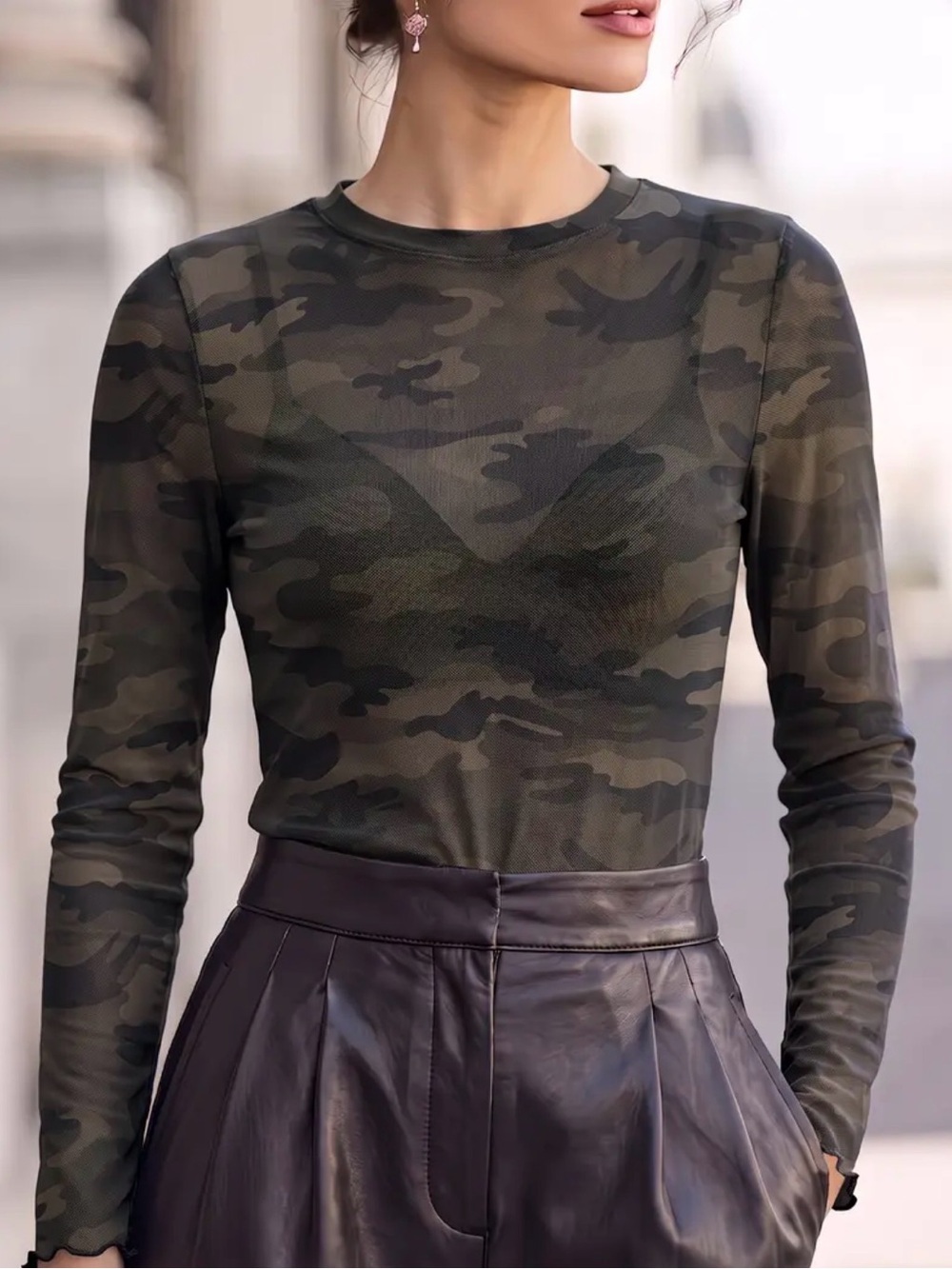 Camo Mesh Long-Sleeve Crewneck Top in Olive, Camouflage Sheer Top